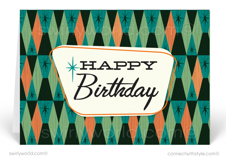 Cool Retro 1950's Mid-Century Modern Diamond Pattern Design Happy Birthday Cards