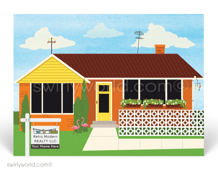 Retro Atomic Ranch home. Mid-Century modern home design. There's no place like home. Stay home. Postcards for Realtors.