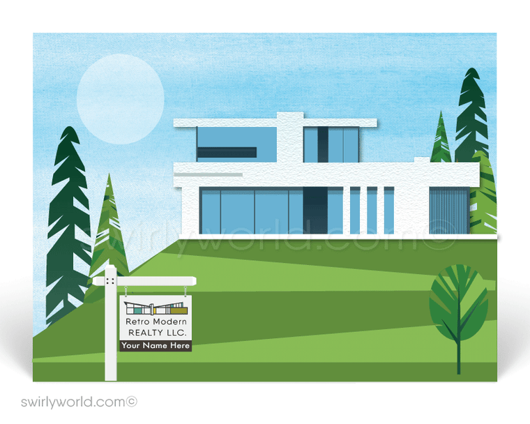 mid-century contemporary modern white house. Marketing postcards for realtors.