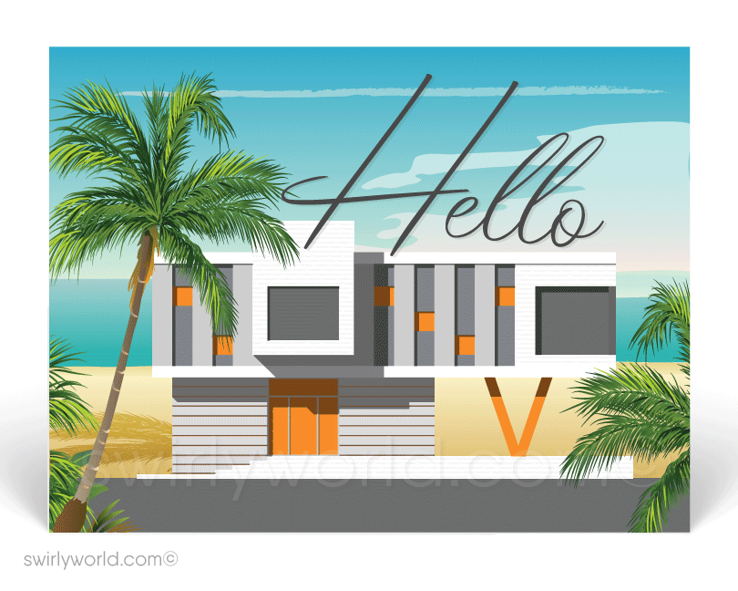 retro atomic mid-century modern white beach house 