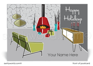 Retro Atomic Ranch Mid-Century Modern Style Home on Christmas. Mid-Century retro design. Retro modern house design on Christmas. Retro modern holiday. Eichler home on Christmas. Mid century home design on postcard. Mid-century modern christmas decorations. Mid-century rance home. Retro modern atomic ranch style house.