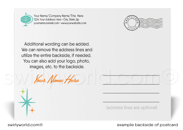 Retro Atomic Ranch Mid-Century Modern Style Home on Christmas. Mid-Century retro design. Retro modern house design on Christmas. Retro modern holiday. Eichler home on Christmas. Mid century home design on postcard. Mid-century modern christmas decorations. Mid-century rance home. Retro modern atomic ranch style house.