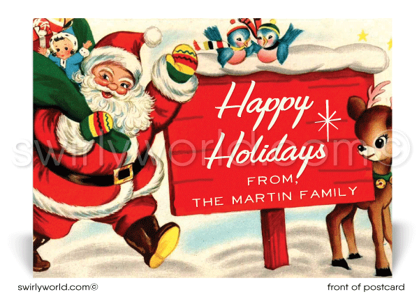 Vintage Santa and Reindeer Retro Mid-Century Modern Christmas Holiday Postcards