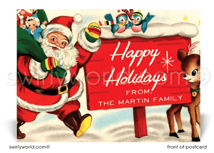 Vintage Santa and Reindeer Retro Mid-Century Modern Christmas Holiday Postcards