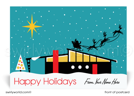 Retro Atomic Ranch Mid-Century Modern Style Home on Christmas. Mid-Century retro design. Retro modern house design on Christmas. Retro modern holiday. Eichler home on Christmas. Mid century home design on postcard. Mid-century modern christmas decorations. Mid-century ranch home. Retro modern atomic ranch style house.