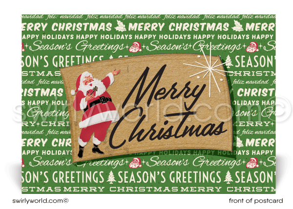 Retro Mid-Century Modern Old Fashioned Santa Claus Merry Christmas Holiday Postcards for Business.