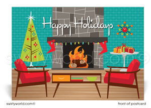 Retro Atomic Ranch Mid-Century Modern Style Home on Christmas. Mid-Century retro design. Retro modern house design on Christmas. Retro modern holiday. Eichler home on Christmas. Mid century home design on postcard. Mid-century modern christmas decorations. Mid-century ranch home. Retro modern atomic ranch style house.