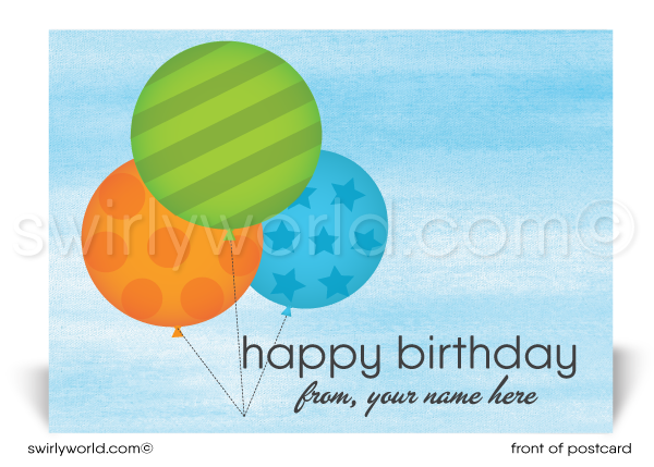 Colorful Retro Modern Balloons Happy Birthday Postcards. Retro Modern Style happy birthday postcards. Mid-century modern pattern. Retro modern postcards for business. Client happy birthday postcards. Retro mod birthday postcards. AColorful Retro Modern Balloons Happy Birthday Postcards