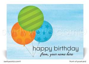 Colorful Retro Modern Balloons Happy Birthday Postcards. Retro Modern Style happy birthday postcards. Mid-century modern pattern. Retro modern postcards for business. Client happy birthday postcards. Retro mod birthday postcards. AColorful Retro Modern Balloons Happy Birthday Postcards