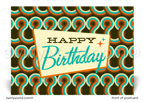 1960's Retro Mod Orange Mid-Century Pattern Happy Birthday Postcards. Retro Modern Style happy birthday postcards. Mid-century modern pattern. Mid-century birthday. Retro modern postcards for business. Client happy birthday postcards. Retro mod birthday postcards. Atomic mod boomerang happy birthday postcards.