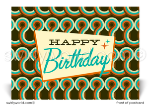 1960's Retro Mod Orange Mid-Century Pattern Happy Birthday Postcards. Retro Modern Style happy birthday postcards. Mid-century modern pattern. Mid-century birthday. Retro modern postcards for business. Client happy birthday postcards. Retro mod birthday postcards. Atomic mod boomerang happy birthday postcards.