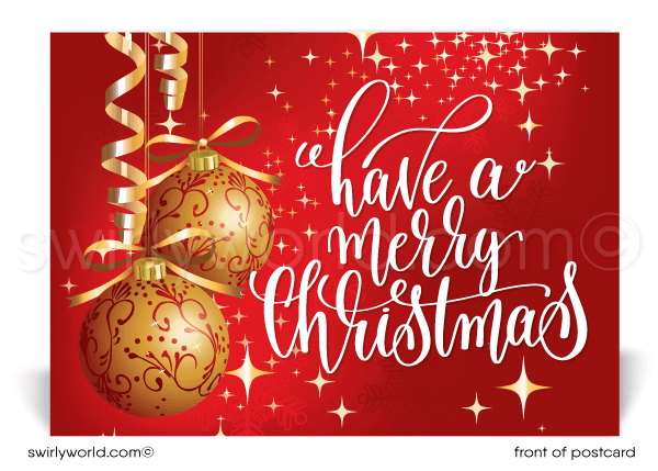Red and Gold traditional Merry Christmas holiday postcards for business 