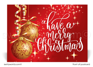 Red and Gold traditional Merry Christmas holiday postcards for business 