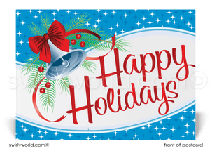 Retro modern vintage starbursts blue and red happy holidays merry christmas customer postcards