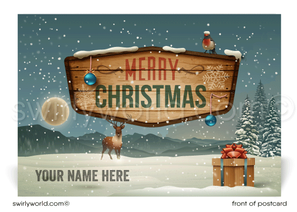 Rustic Wood Merry Christmas Business Happy Holiday Postcards