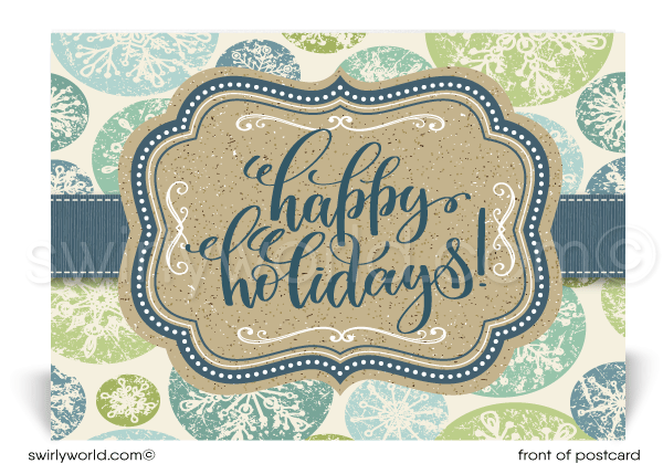 Vintage Snowflakes Blue and Green Rustic Christmas Happy Holiday Postcards