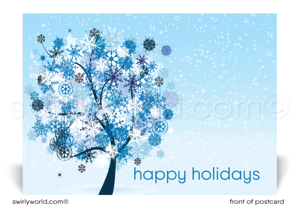 Whimsical Modern Blue Snowflake Tree Happy Holiday Postcards for Business