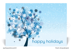 Whimsical Modern Blue Snowflake Tree Happy Holiday Postcards for Business