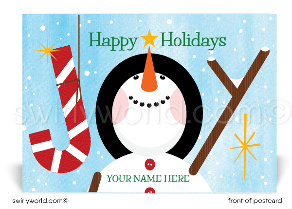 Cute Retro Modern Joyful Snowman Merry Christmas Holiday Postcards.