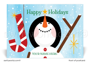 Cute Retro Modern Joyful Snowman Merry Christmas Holiday Postcards.