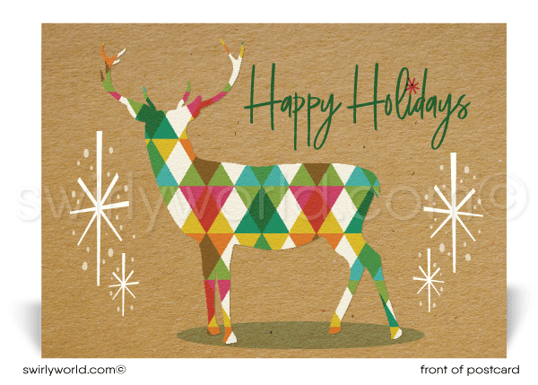 Mid-century retro atomic modern reindeer Christmas holiday postcards.