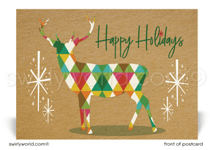 Mid-century retro atomic modern reindeer Christmas holiday postcards.