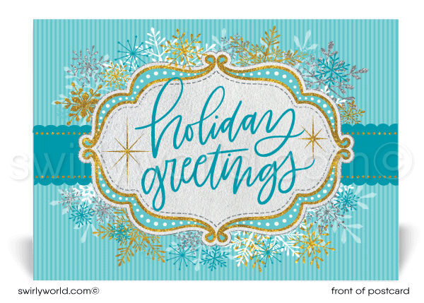 Glamorous Gold, Silver, and Blue Snowflakes Christmas Happy Holiday Postcards