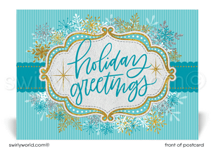 Glamorous Gold, Silver, and Blue Snowflakes Christmas Happy Holiday Postcards