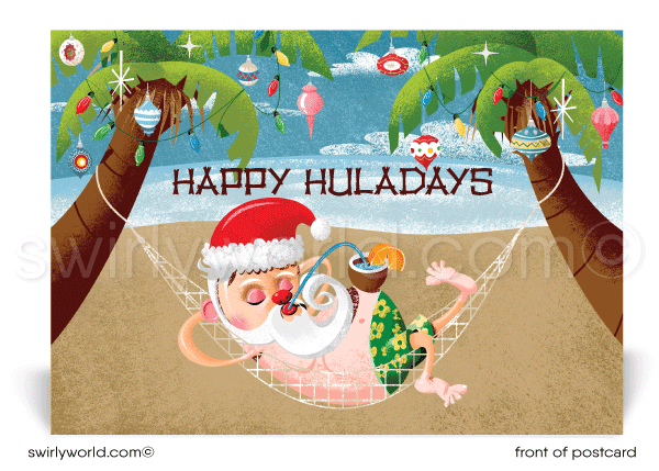 Mid-century Retro Modern Tiki Hawaiian Santa Claus in Hammock on Beach Christmas holiday postcards.