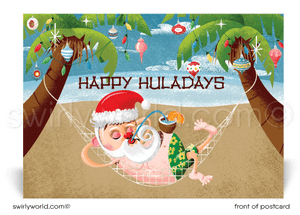 Mid-century Retro Modern Tiki Hawaiian Santa Claus in Hammock on Beach Christmas holiday postcards.