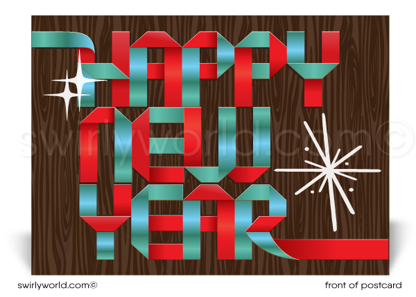 Retro mid-century modern sixties seventies style atomic Happy New Year postcards for business.