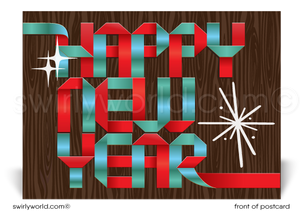 Retro mid-century modern sixties seventies style atomic Happy New Year postcards for business.