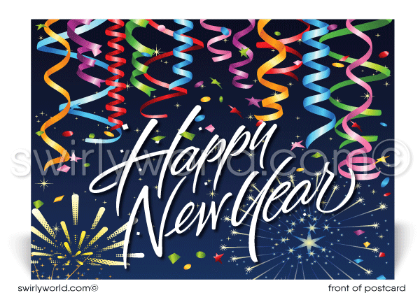 Corporate Business Fireworks Happy New Year Postcards for Clients