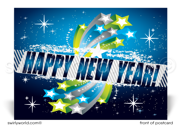 Fun and festive blue and green starbursts happy New Year postcards for business clients.