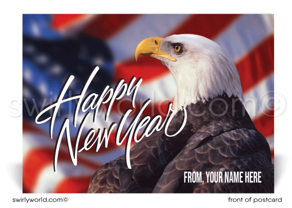 2022 Patriotic Bald Eagle American Flag Happy New Year Postcards for Clients