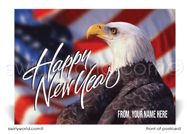 Celebrate patriotism this New Year! Our exclusive postcards feature a bold bald eagle, American flag, and retro calligraphy. Premium quality and customizable.