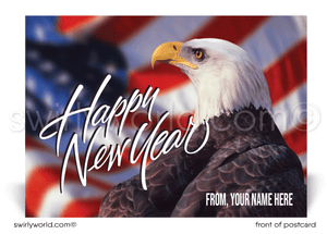 Celebrate patriotism this New Year! Our exclusive postcards feature a bold bald eagle, American flag, and retro calligraphy. Premium quality and customizable.