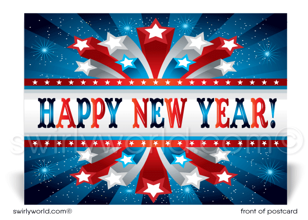 2024 Happy New Year Patriotic Red, White, Blue American Postcards for Clients