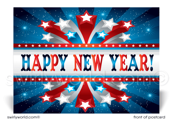 Celebrate with patriotic flair! Our exclusive Happy New Year Postcards feature red, white, and blue, bold typography, and starbursts on premium card stock.