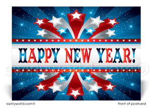 Celebrate with patriotic flair! Our exclusive Happy New Year Postcards feature red, white, and blue, bold typography, and starbursts on premium card stock.