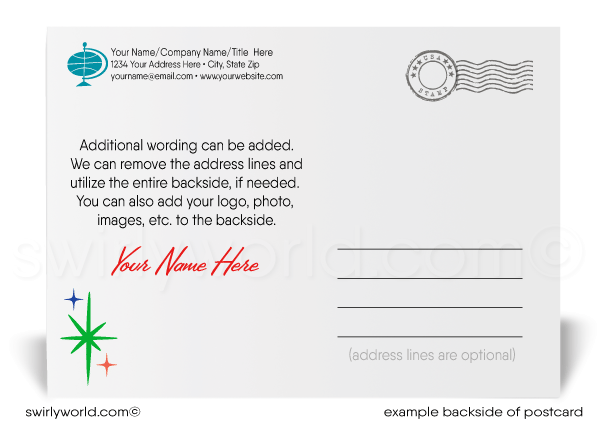 Celebrate in style! Our exclusive Happy New Year Postcards feature popping champagne bottles, confetti, and retro typography on a bold black backdrop.