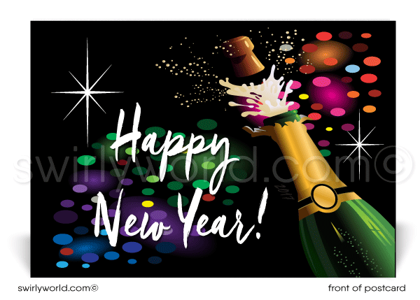 Celebrate in style! Our exclusive Happy New Year Postcards feature popping champagne bottles, confetti, and retro typography on a bold black backdrop.