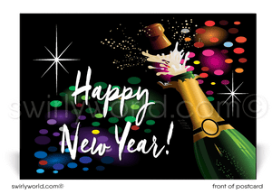 Celebrate in style! Our exclusive Happy New Year Postcards feature popping champagne bottles, confetti, and retro typography on a bold black backdrop.
