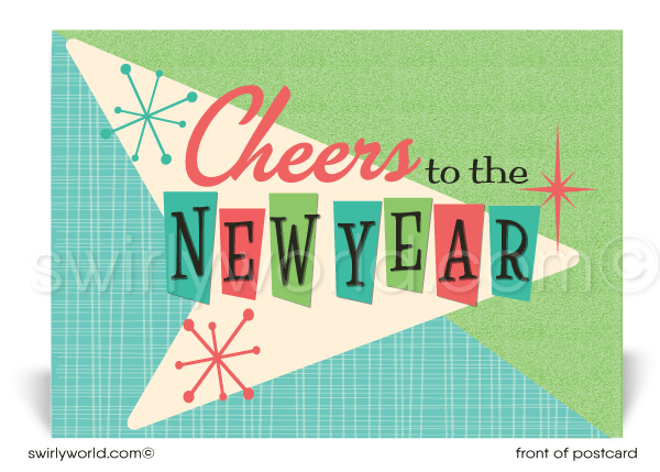1950's Mid-Century Atomic Modern Vintage Happy New Year Postcards.