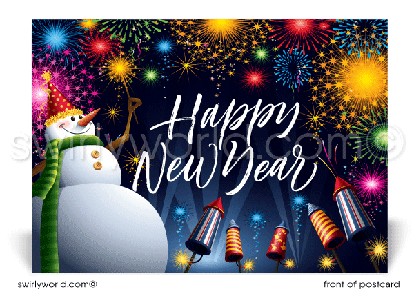 2024 Retro Snowman Fireworks Happy New Year Postcards for Clients