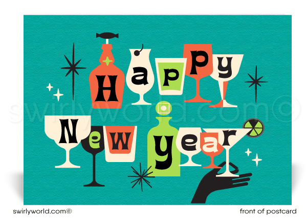 Atomic Mid-Century Modern Cheers to the New Year Retro Holiday Postcards