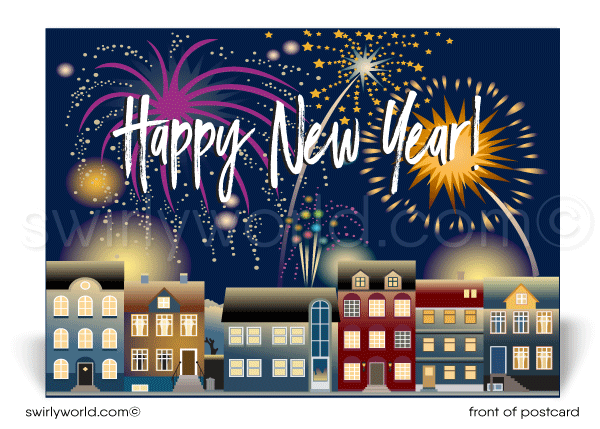 Houses in Neighborhood Happy New Year Postcards for Realtors