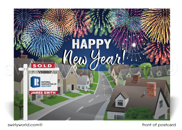 Houses Neighborhood with Fireworks Happy New Year Postcards for Realtors®