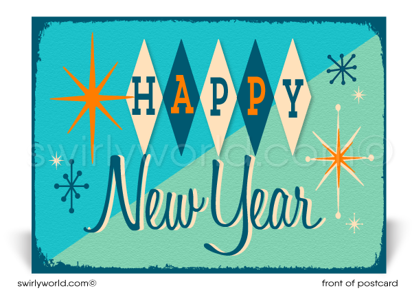 Ring in the New Year with Retro Mid-Century Modern Postcards! Featuring vibrant 1950s-1960s starbursts, retro typography, and customizable backs for a personal touch.