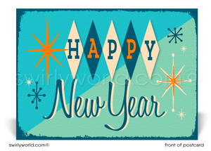 Ring in the New Year with Retro Mid-Century Modern Postcards! Featuring vibrant 1950s-1960s starbursts, retro typography, and customizable backs for a personal touch.